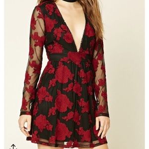 Embroidered Black and Red Deep V Dress